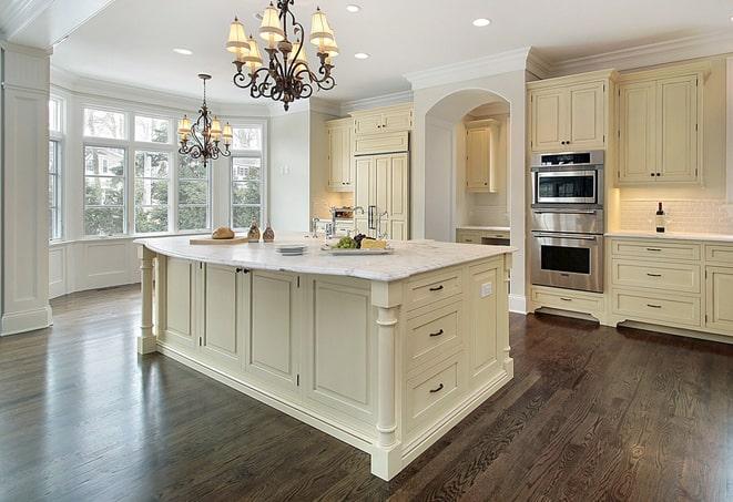 newly installed grey laminate floors in modern kitchen in Indian Shores